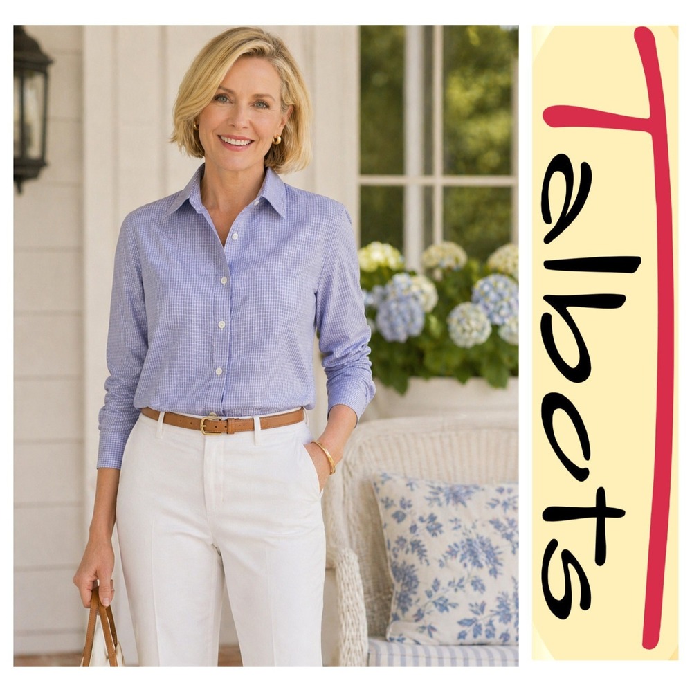 Talbots VTG Lavender White Gingham Cotton Long Sleeve Wrinkle Resistant Shirt 16